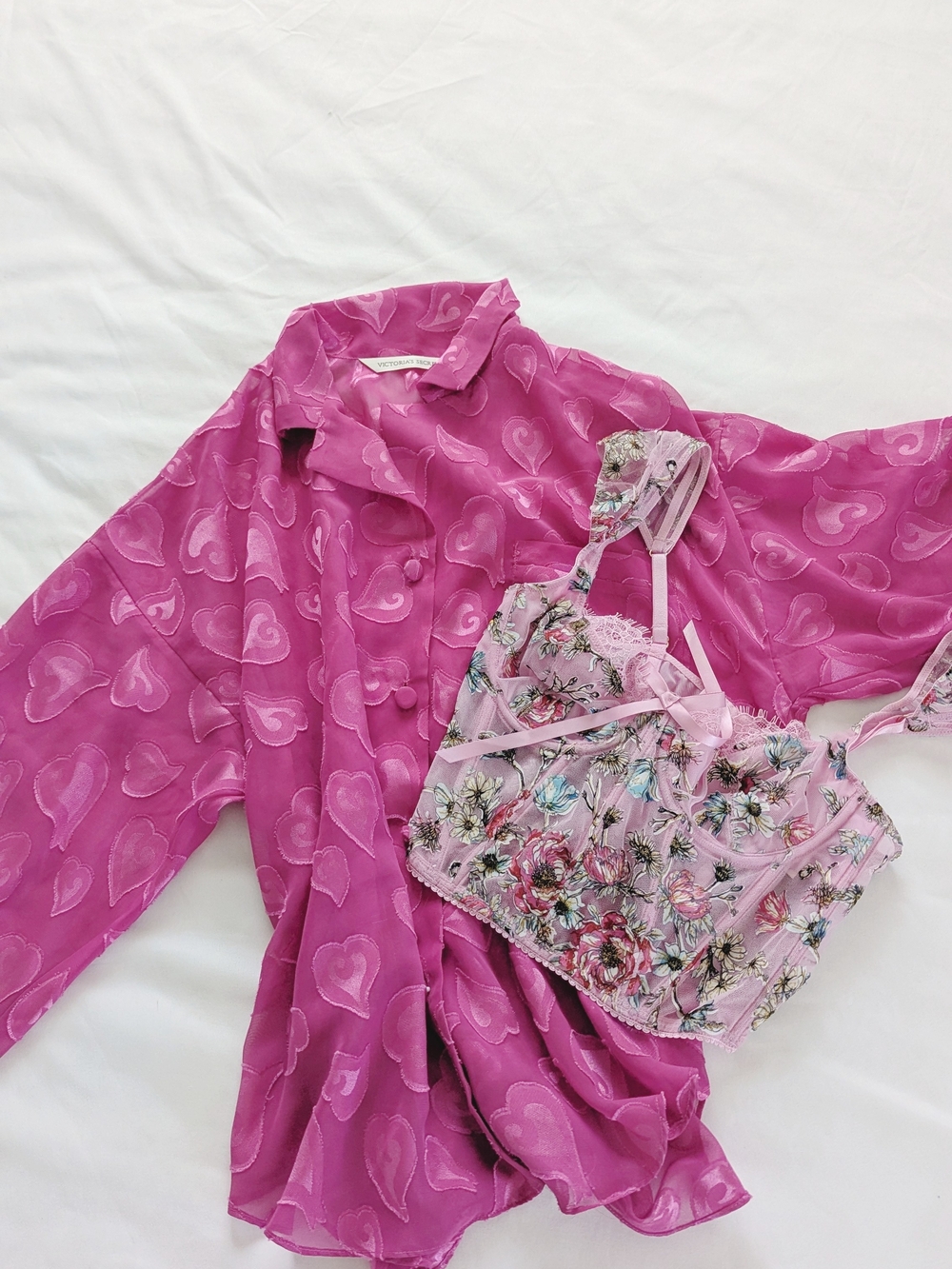 Victoria's Secret Pink Floral Lace Bralette with Hot Pink Heart-Print Shirt Set